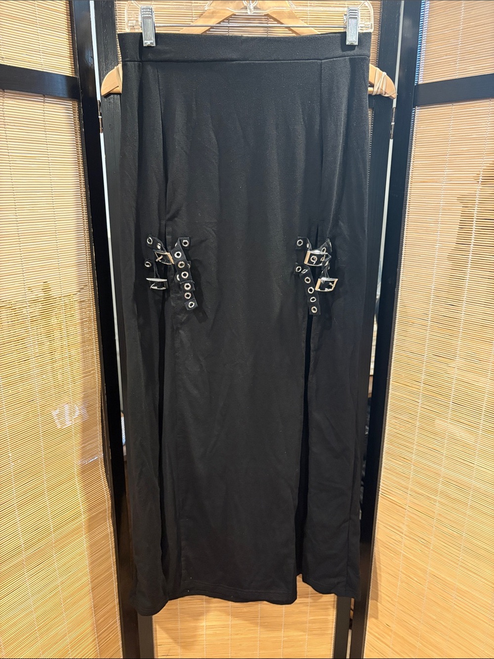 Black Gothic Maxi Skirt with Buckle and Grommet Details